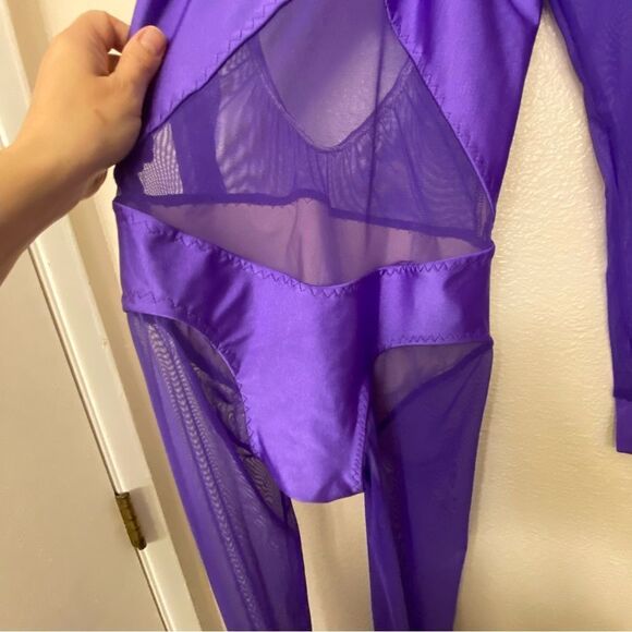 Custom solo dance costume purple unitard jumpsuit mesh  XXS adult LC child - Picture 4 of 13